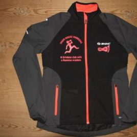 Woman  – Windbreaker Black with neon red decoration , zips and print