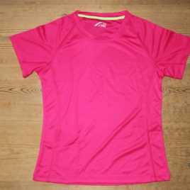 Female Active Dry T-shirt Neon Pink with neon green neck stribe